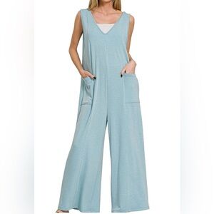 Zenana Sky Blue Jumpsuit Romper Size S French Terry